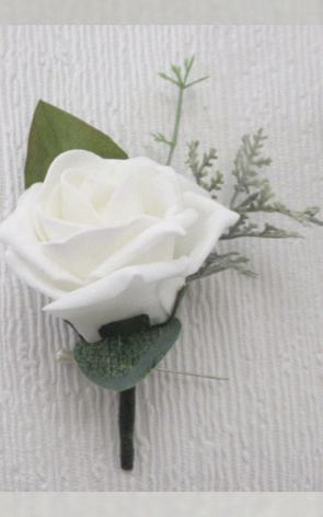 Ivory Rose Buttonhole with Sage/Grey Flocked Foliage